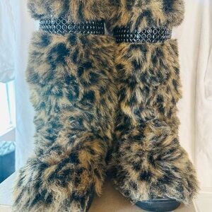 Colin Stuart Faux Fur Leopard Print Over-the-Knee Boots - Brown